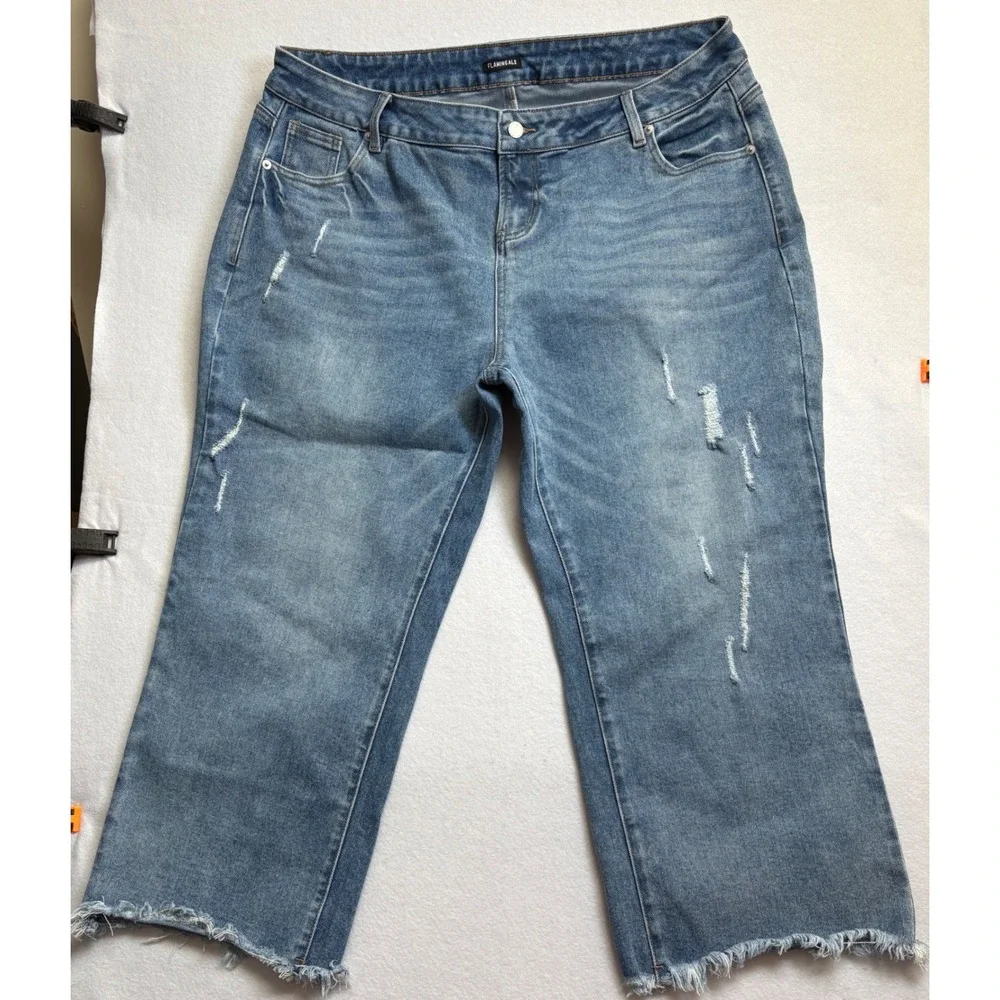 Flamingals Women 4XL Distressed Crop Jeans Blue Denim Raw Hem High Rise Stretch